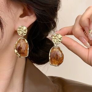 Vintage Style Amber Resin Drop Earrings Irregular Gold Dangle Statement‎ new